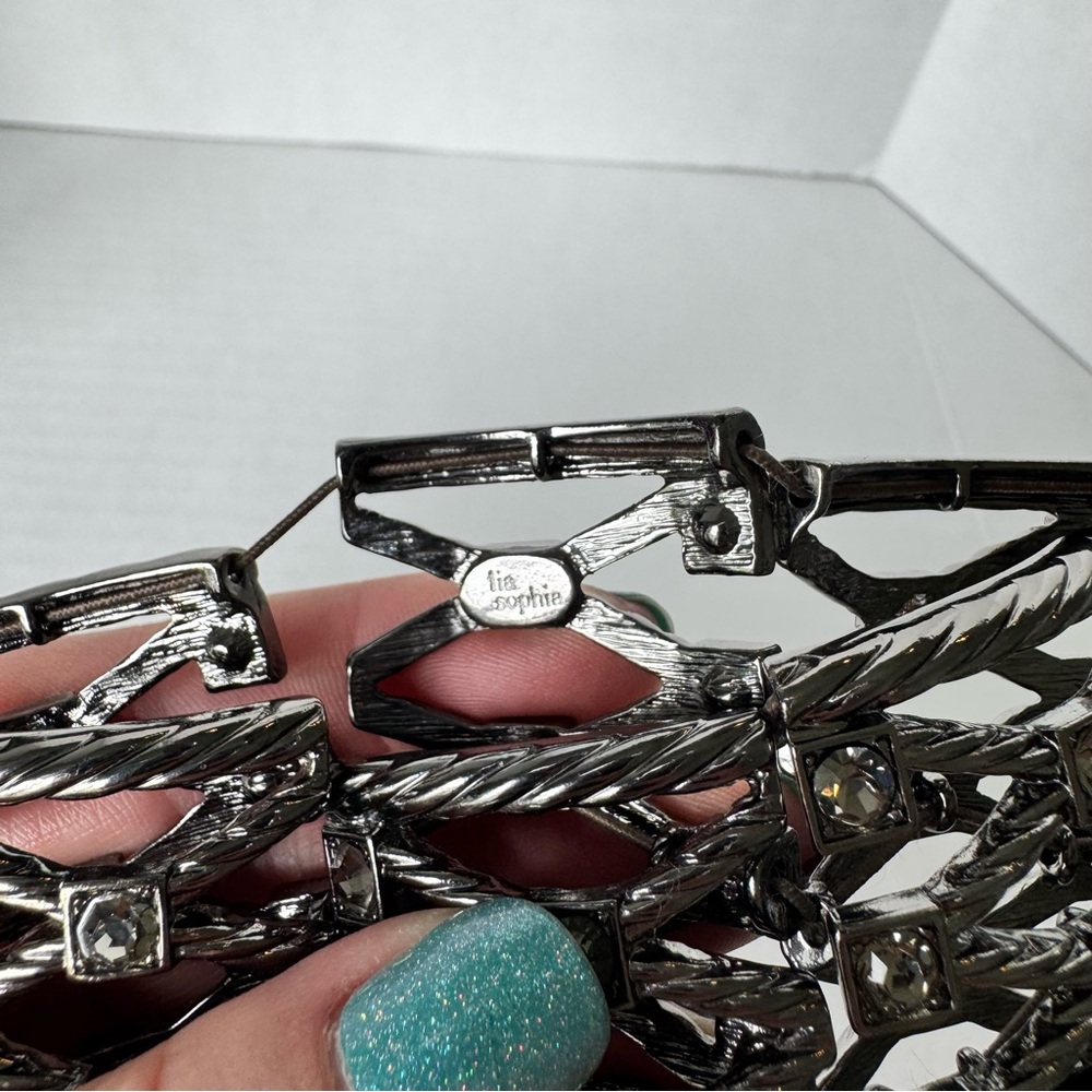 Lia Sophia Monte Carlo Bracelet Hematite Tone Cut Crystals Stretch 2” Wide - Picture 5 of 5